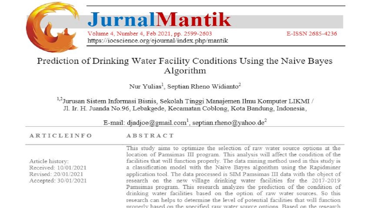 Jurnal prediksi sarana air minum menggunakan algoritma Naive Bayes