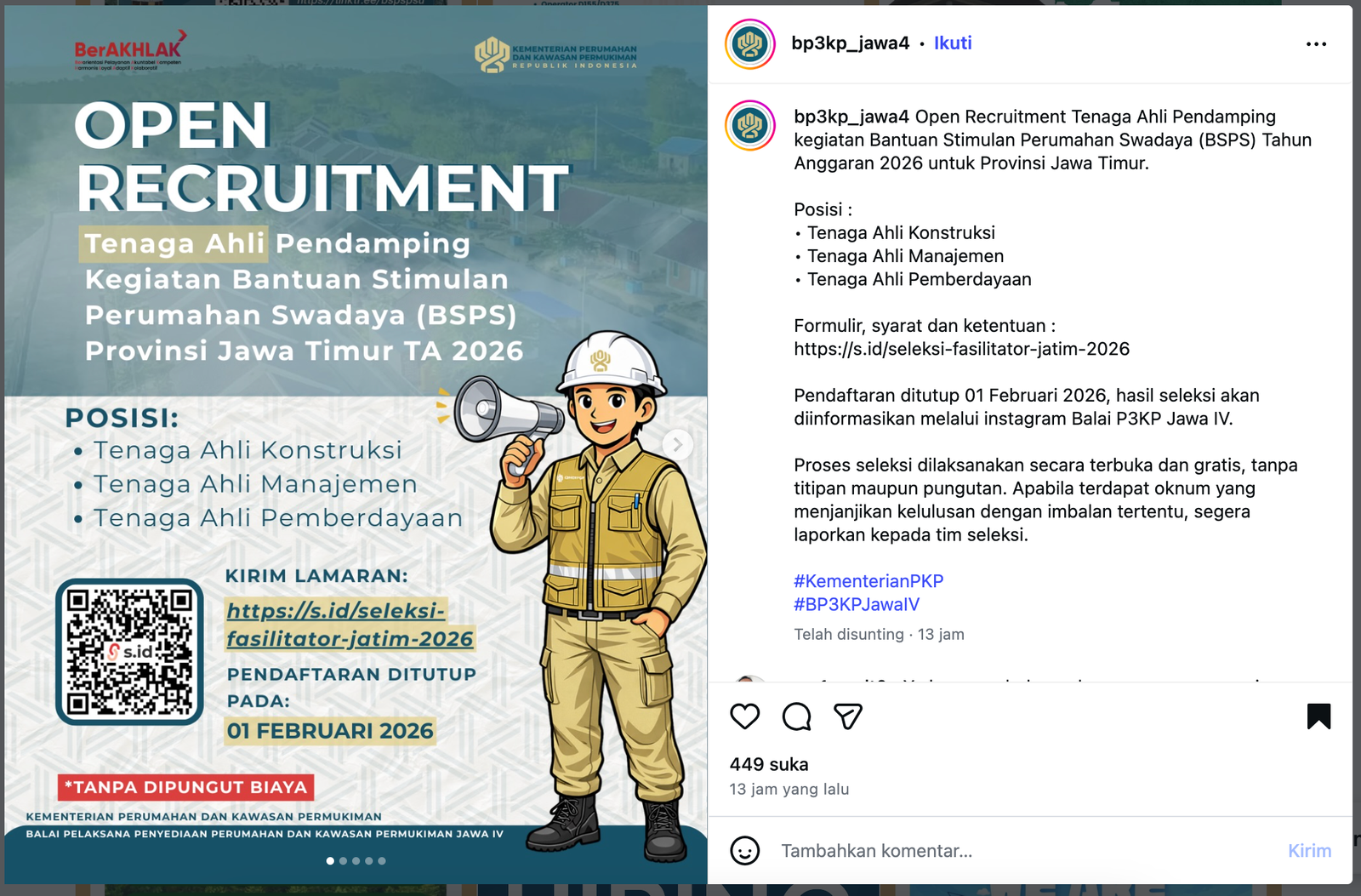 Open Recruitment Tenaga Ahli Pendamping kegiatan Bantuan Stimulan Perumahan Swadaya (BSPS) Tahun Anggaran 2026 untuk Provinsi Jawa Timur.