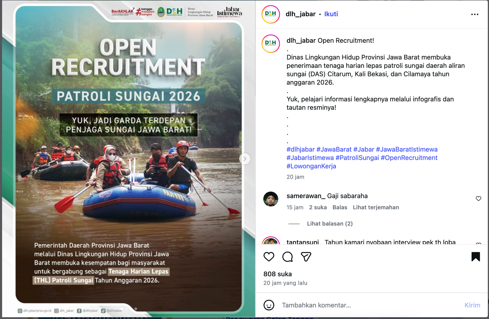 Dinas Lingkungan Hidup Provinsi Jawa Barat membuka penerimaan tenaga harian lepas patroli sungai daerah aliran sungai (DAS) Citarum, Kali Bekasi, dan Cilamaya tahun anggaran 2026