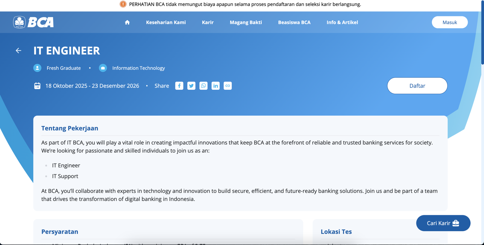 Lowongan IT ENGINEER di BCA