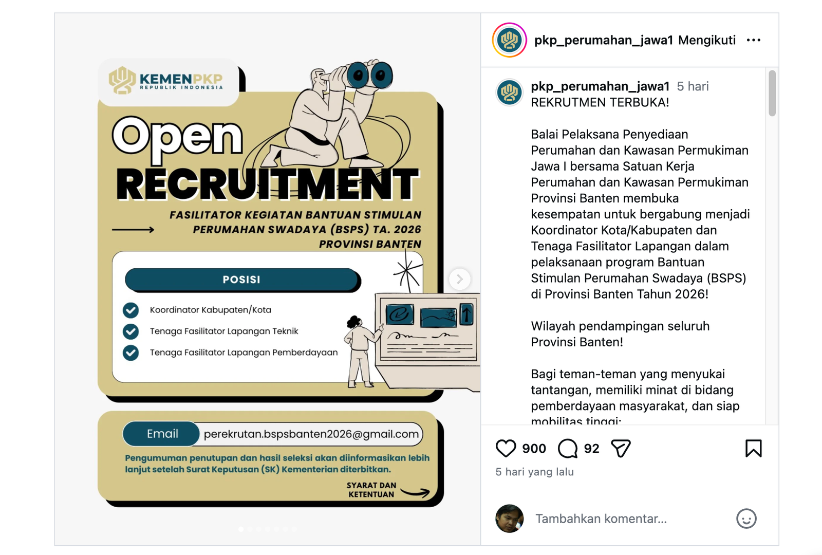 Rekrutmen BSPS Provinsi Banten 2026