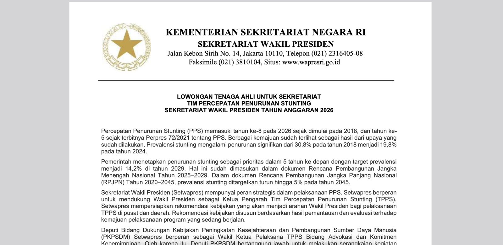 Lowongan Tenaga Ahli Untuk Sekretariat Tim Percepatan Penurunan Stunting Sekretariat Wakil Presiden Tahun Anggaran 2026