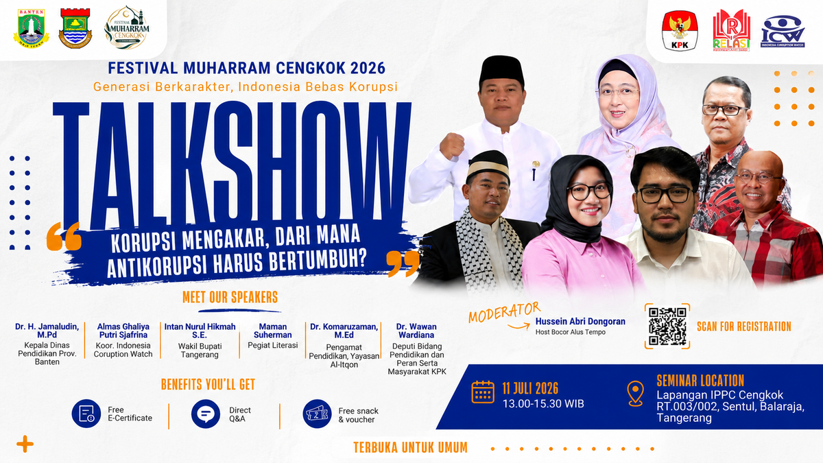 Festival Muharram Cengkok 2026 menghadirkan Talkshow Antikorupsi bertema "Korupsi Mengakar, Dari Mana Antikorupsi Harus Bertumbuh?" bersama ICW, KPK, tokoh pendidikan, dan pemerintah.