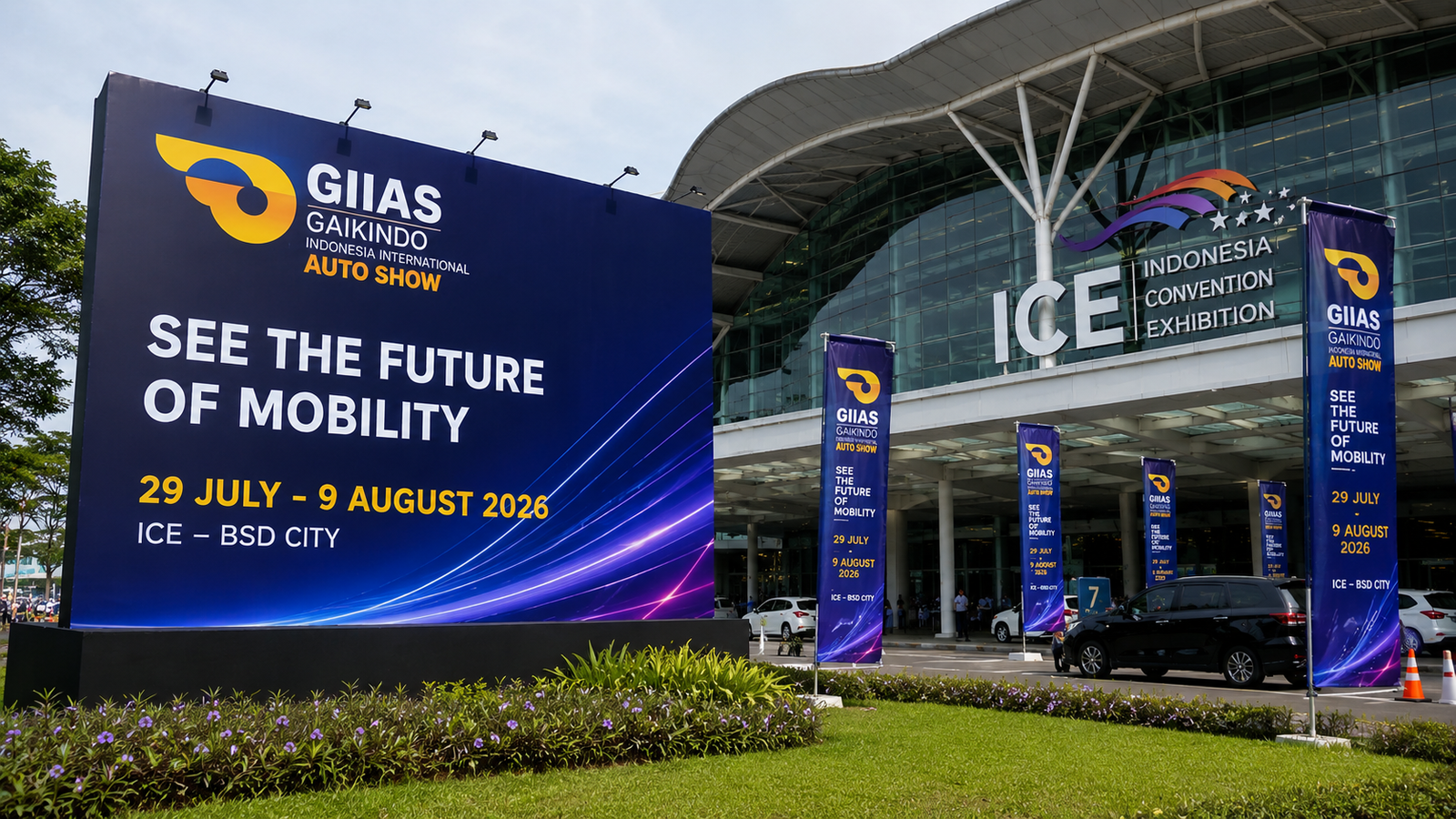 Auto show entrance at ICE BSD City. Gambar ini dibuat oleh AI dan hanya ilustrasi.